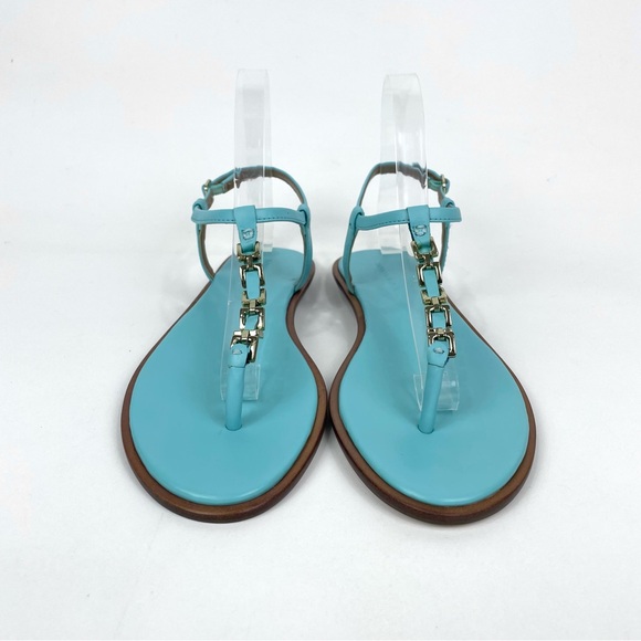 Banana Republic Mariah T-strap Sandal Flat Blue Leather Gold Chain Womens 8 - Picture 3 of 15
